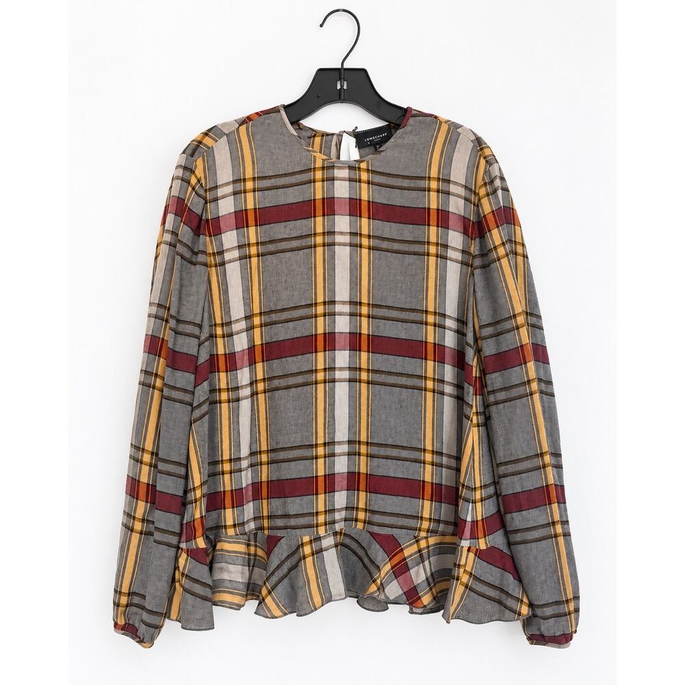 Longchamp Paris Plaid Wool Viscose Ruffle Hem Blouse Size 42 US 10 NWT - Picture 7 of 11
